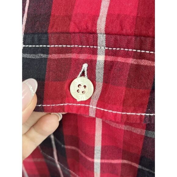 Stussy Mens Red Plaid Flannel Shirt Shacket Size Medium Button Fleece Lined - Picture 10 of 14